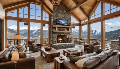 Wooden table and chairs sit beneath a large window in a modern, minimalist living room