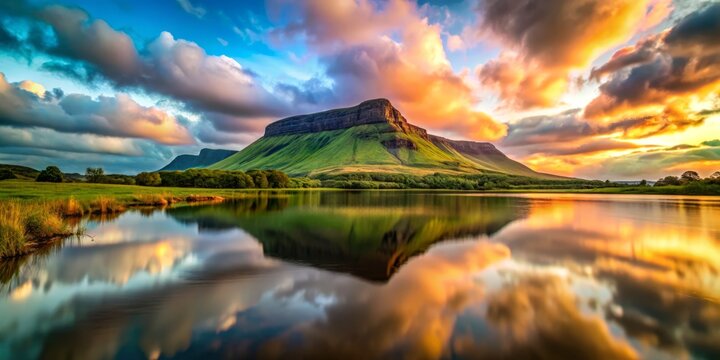 Long Exposure of the Majestic Benbulben Mountain at Dusk in County Sligo, Ireland with Dreamy Cloud Movements and Serene Landscape Reflections in the Surrounding Lush Green Fields