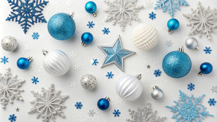 Christmas decorations concept. Top view vertical photo of blue white silver baubles snowflake star ornaments and confetti on isolated white background