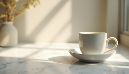 Fototapeta premium Minimalist white cup on a saucer with soft light and shadows on a marble countertop