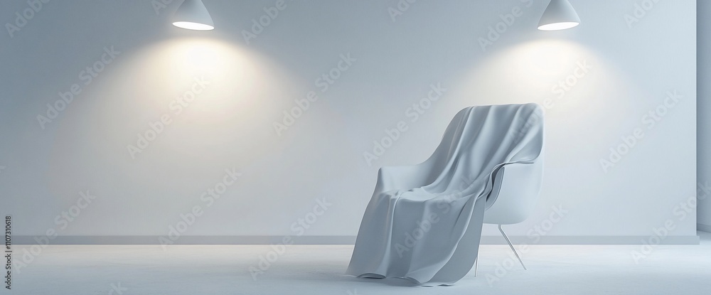 Poster a minimalist scene featuring a chair draped with a blanket in soft lighting.