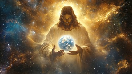 Divine love Jesus cosmic art, his radiant figure amidst a celestial landscape, the Earth glowing softly in his protective hands