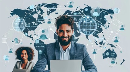 International team of professionals using technology for HR recruitment, customer service, and data analysis