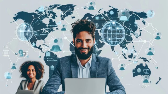 International team of professionals using technology for HR recruitment, customer service, and data analysis