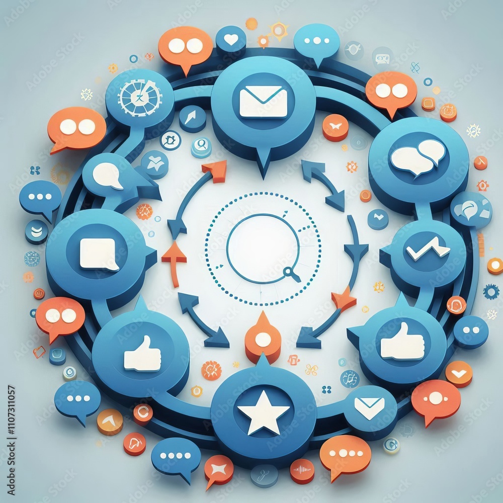 Poster circular arrows connect comment icons illustrating a continuous