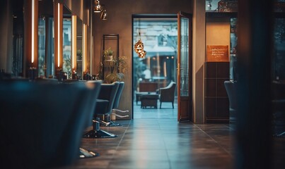 A modern salon interior with stylish chairs and an inviting entrance.