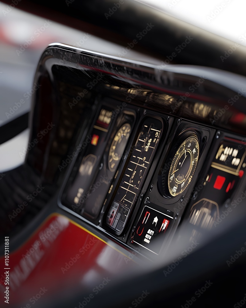 Poster close-up of a detailed dashboard with gauges and controls, likely from a high-performance vehicle.