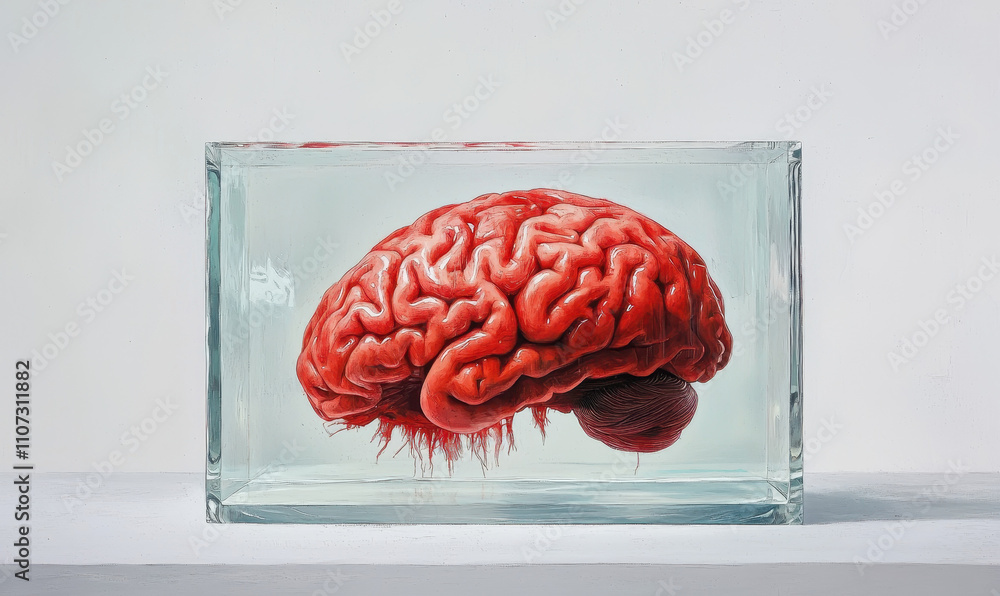 Poster exploring the complexity of the human brain: a detailed artistic representation in glass captivates 