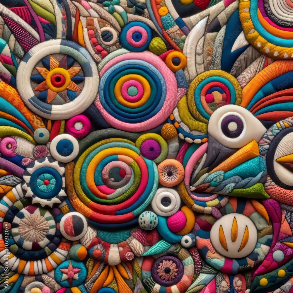 Poster close up of a colorful and playful textile with patterns and tex