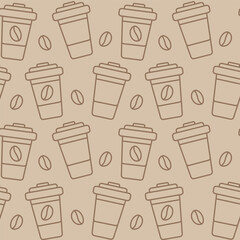 Obraz premium Disposable cups with lid and coffee beans Seamless Pattern in monochrome brown. Coffee drink fond