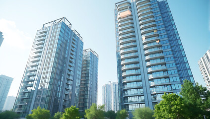 Obraz premium High-rise buildings with transparent solar panels integrated into windows, showcasing renewable urban technology