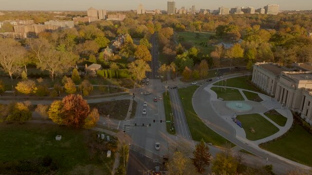 Aerial flyover Forest Park neighborhood of St. Louis, Missouri on a beautiful Autumn day in November.