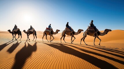 Fototapeta premium Camel caravan with riders traversing desert sand dunes under clear blue sky at sunset, casting long shadows.