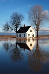 Obraz premium Floodwaters surrounding an isolated farmhouse in rural fields