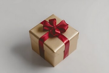 Obraz premium Gold gift box with a red ribbon bow on a white background