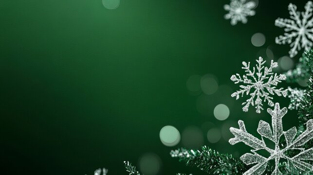 A festive green background adorned with an array of big and small snowflakes perfect for a Christmas theme
