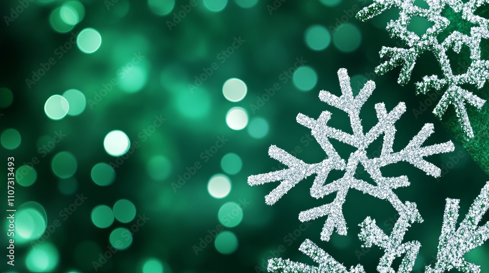 Poster a festive green background adorned with an array of big and small snowflakes perfect for a christmas
