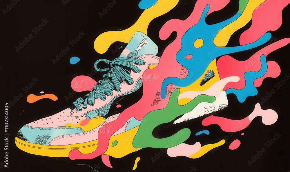 Poster vibrant abstract sneaker illustration bursting with colorful dynamic patterns and creative design