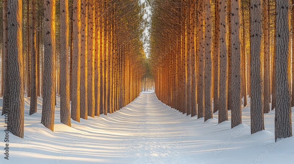 Poster sunbeams illuminate a path through a snowy pine forest.