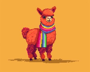 Pixelated Alpaca's Warm Welcome: A charming, pixelated alpaca, adorned with a vibrant, rainbow-striped scarf, stands proudly, radiating warmth and cheer against a warm backdrop.