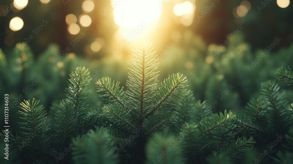 Aufkleber sunlight shines through the branches of a pine tree in a forest.