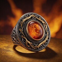 A phoenix-inspired ring with flame motifs, set against a glowing amber background.