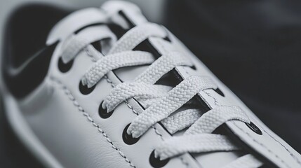 Close-up of white sneakers' shoelaces with a black shoe in the background. 