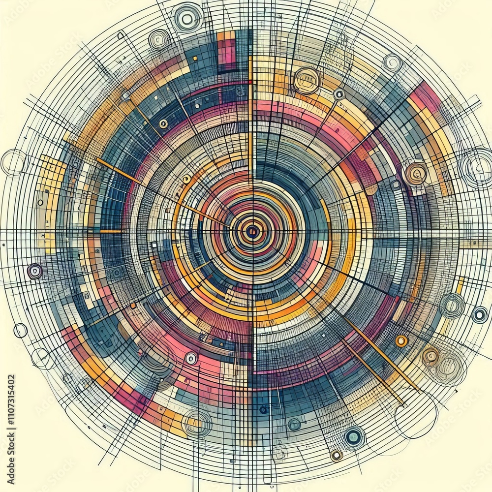 Poster concentric circles in varying sizes and colors overlaid with int