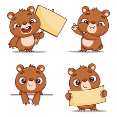 Charming cartoon bears in fun poses, each holding cheerful signs, ideal for playful designs and illustrations