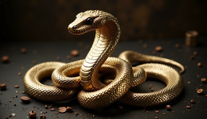 Obraz premium Golden Snake on a Dark Background