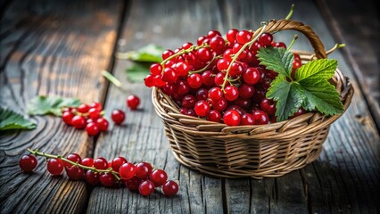 Vintage Style Photography of Fresh Red Currant Berries in a Small Basket on a Gray Wooden Background with Selective Focus and Close-Up Macro Details