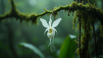 Obraz premium Ghost Orchid Flower in Its Enchanting Forest Habitat, A Rare and Mystical Bloom.