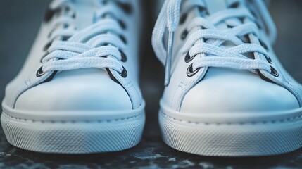 Close-up of white sneakers' shoelaces with a black shoe in the background. 