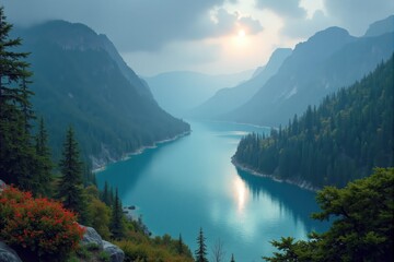 Diablo lake reflecting the sunrise light in north cascades national park