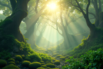 Obraz premium Sunbeams illuminating mossy rocks and lush vegetation in magical forest