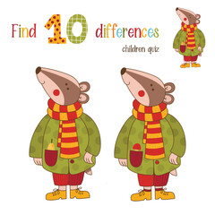 Badger character find differences children quiz colorful vector illustration