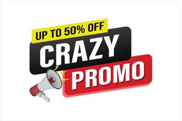 crazy promo sale word mega phone concept vector illustration and 3d style, landing page, template, ui, web, mobile app, poster, banner, flyer, background, gift card, coupon, label, wallpaper

