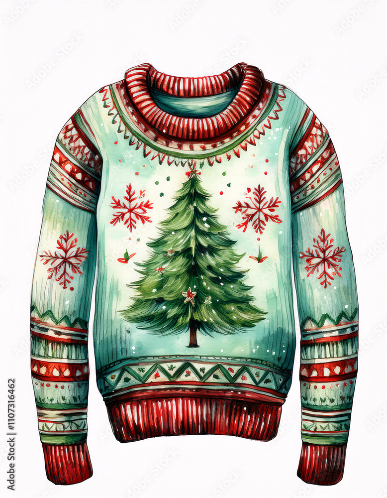 Wall mural A festive Christmas sweater with a red background and colorful Christmas trees