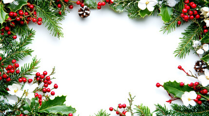 Aesthetic Christmas frame with green branches, red and white berries and flowers, copy space. Generative AI