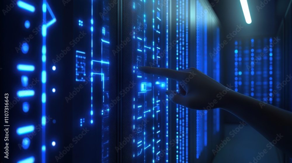 Poster hand interacting with a futuristic digital server interface