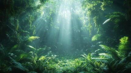 Sunbeams pierce dense jungle foliage, creating a mystical, atmospheric scene.