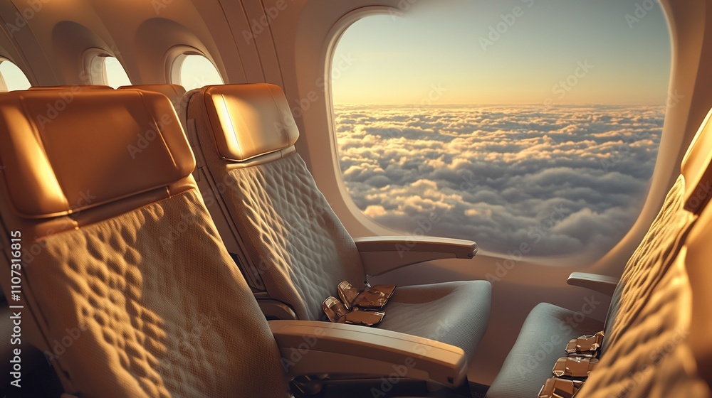 Poster a serene view from an airplane window above the clouds at sunset.