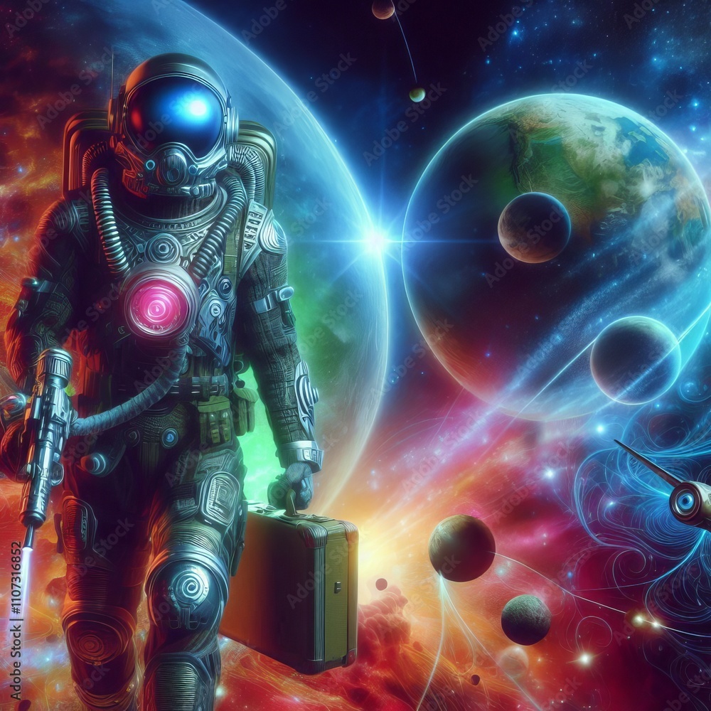 Poster cosmic traveler exploring the universe with a spacesuit and a la