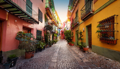 Fototapeta premium Explore a vibrant cobblestone alley lined with colorful buildings and lush greenery at sunset in a quaint destination