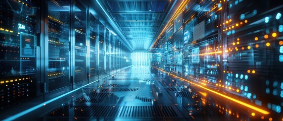 A futuristic server room with glowing blue and orange lights, showcasing advanced technology and data storage systems.