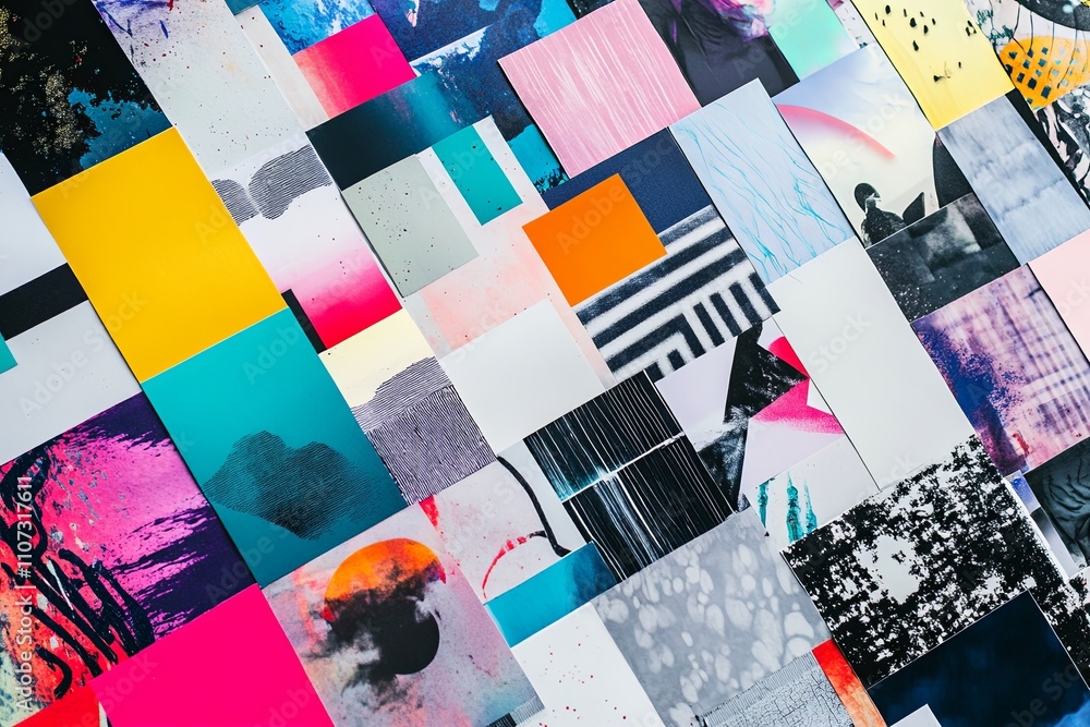 Poster colorful collage of various print designs and textures displayed on a flat surface highlighting arti