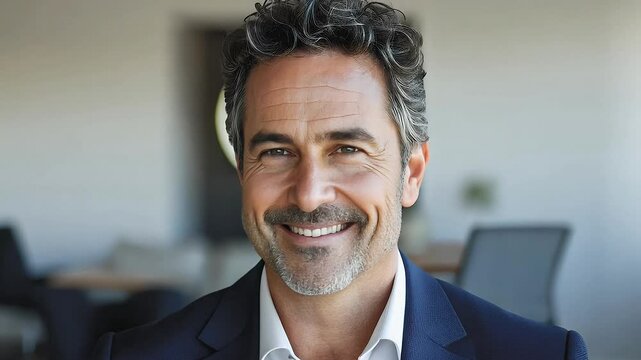 Confident man in modern office, wearing business suit, smiles happily, showcasing professionalism and approachability in portrait that embodies successful and professional atmosphere.