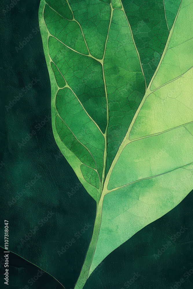 Poster macro view of a vibrant green leaf showcasing intricate vein patterns and organic textures in a lush