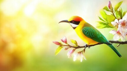 Fototapeta premium Colorful bird perched on blossoming spring branch.
