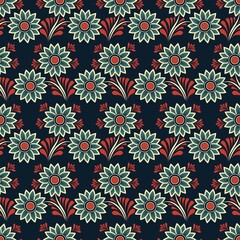 Floral Retro Background, Decorative seamless pattern with repeating flowers in blue, beige and red.